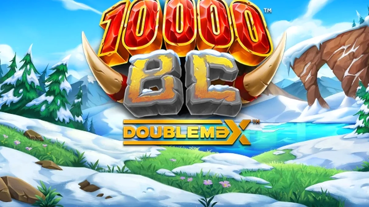 Interface do jogo 10000 BC DoubleMax com símbolos de animais pré-históricos e multiplicador ativo