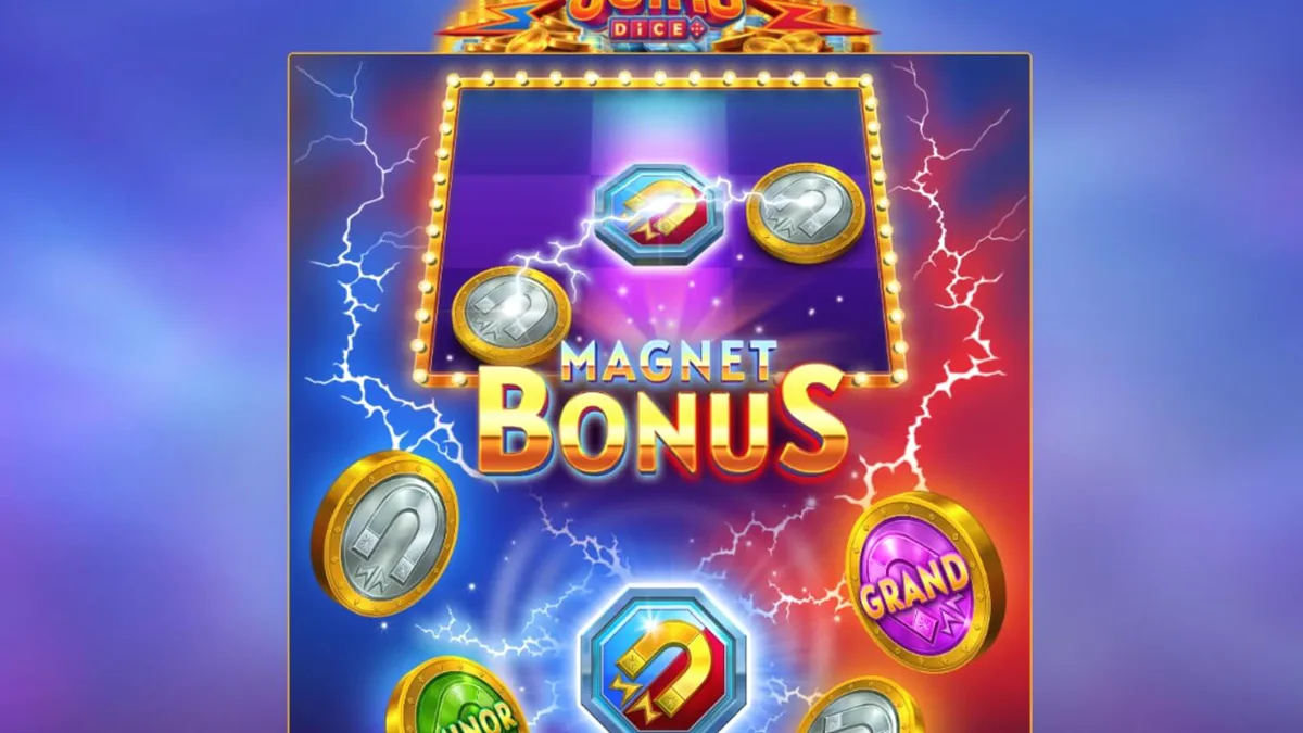 Interface do jogo Magnetic Coins Dice com símbolos brilhantes e temática magnética