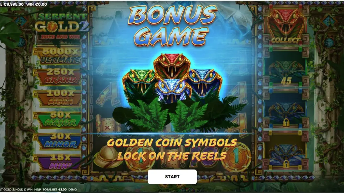 Serpent Gold 2: Hold and Win slot com tema de selva e serpentes douradas