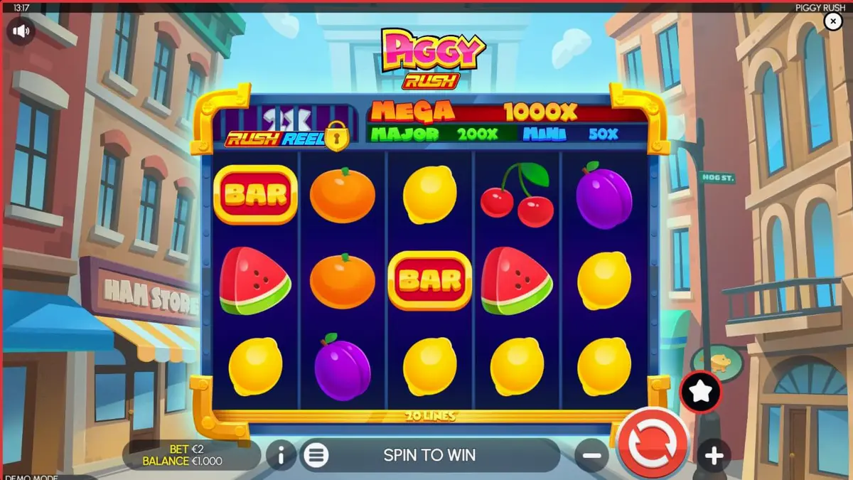 Interface colorida do slot Piggy Rush com símbolos de porquinhos e moedas douradas